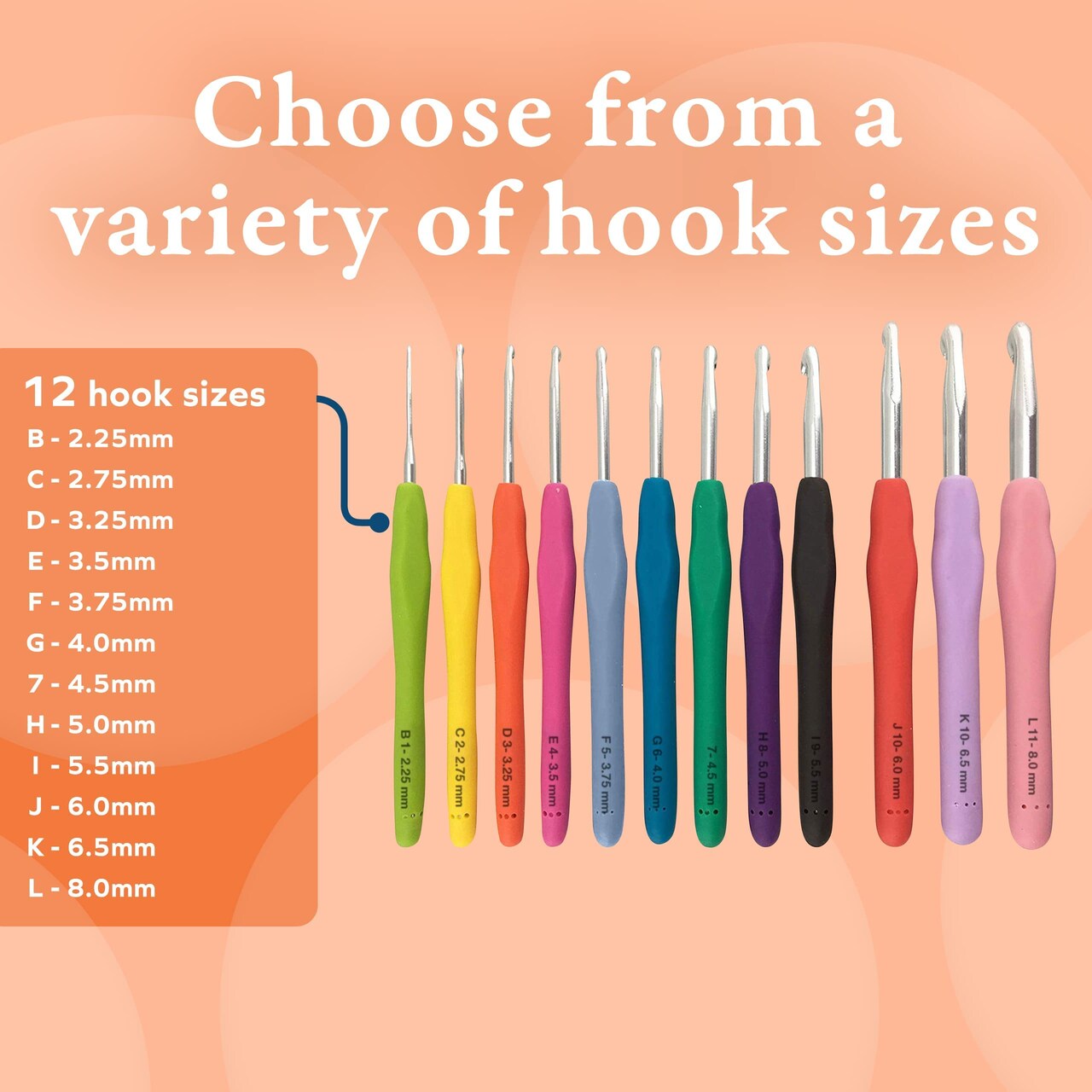 12 Pieces Set Extra-Long Crocheting Needles with Soft, Ergonomic Rubber Grips and 12 Hook Sizes - Knitting & Crochet Supplies for Beginners, Comfortable/Easy to Use